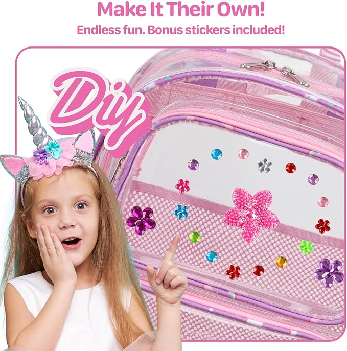 Bagseri Clear Backpack for Girls - 15 Inch Heavy Duty Kids Clear Bookbag for Kindergarten to Grade 2, Transparent School Bag with Reflective Strip, Fits Folders, Purple Unicorn