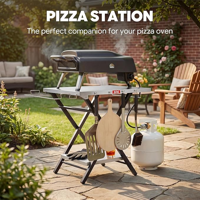 Feasto Outdoor Grill Table, Foldable Pizza Oven Stand & Griddle Stand with Garage Rack & Tissue Holder, Folding Outdoor Prep Table for Gathering and Party, 30" x 24", Stainless Steel
