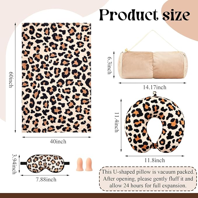 HunnmingRe 5 Pcs Travel Pillow and Blanket Set, 5 in 1 Travel Airplane Compact Includes 40 x 60 Inch Throw Blanket Eye Mask Neck Pillow Earplug and Bag Gifts for Travelers Women(Leopard Print,Brown)