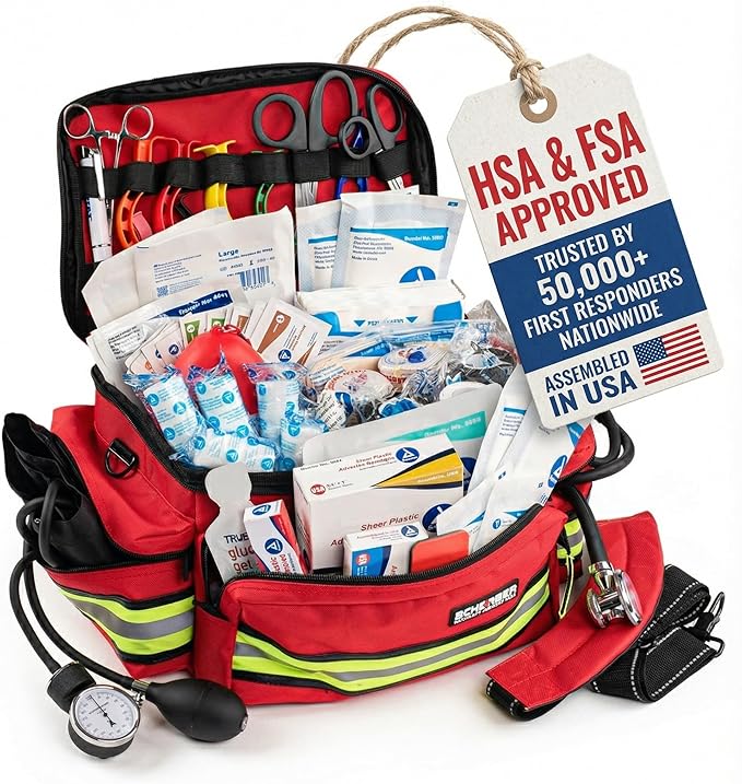 Scherber First Responder Fully-Stocked Professional Essentials EMT/EMS Trauma Kit | HSA/FSA Approved | Reflective Bag w/8 Zippered Pockets & Compartments & 200+ First Aid Supplies - Red