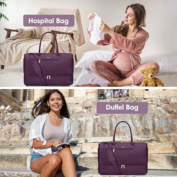 Travel Duffle Weekender Bags for Women - Carry on Overnight with Shoe Compartment Duffle Bag Hospital Bag Dark Purple
