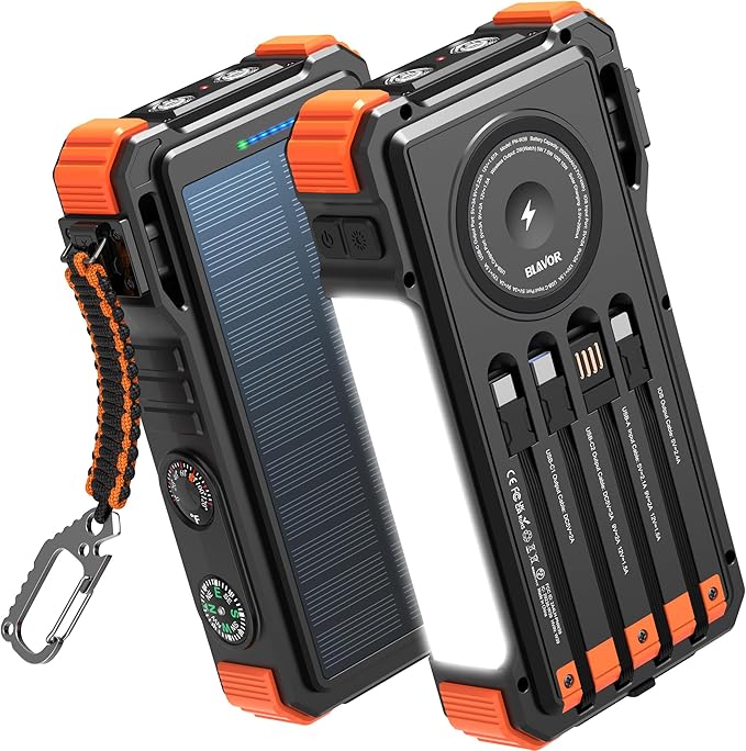 BLAVOR Solar Power Bank 20000mAh Built-in Cables, Wireless Charger for Phones & Apple Watch, 20W Fast Charging Battery Pack with USB C, Flashlight, Solar Charger for iPhone, iPad, iWatch, Samsung