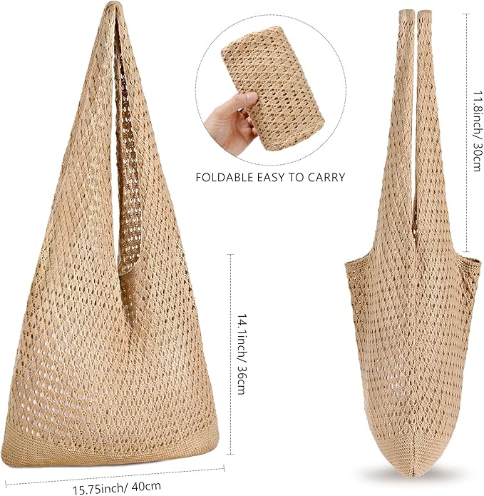 WantGor Crochet Bags, Beach Mesh Tote Bag Womens Shoulder Shopping Handbag Casual Travel Totes Bag Foldable Hobo Bags