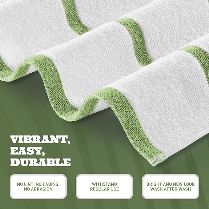 White Classic Cotton Pool Towels Oversized 30 x 60 Inches, Ultra Absorbent and Low Lint Striped Beach Towels for Adults, Stripes Design Luxury Extra Large Bath Towels, Green, 4 Pack