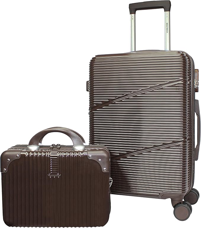 World Traveler VentureX Airline Approved 2-Piece Carry-On Luggage Set – Lightweight Hardside Polycarbonate Suitcase with Spinner Wheels - Brown