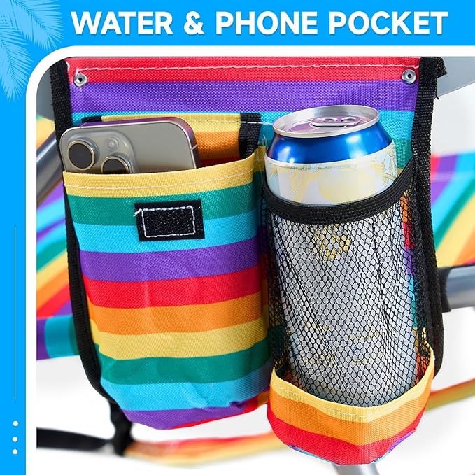 2 Pack Lightweight Portable Camping Beach Chair for Adult, Outdoor Lay Flat Folding Beach Chairs with 5 Position, Backpack Beach Chair with Towel Bar, Zipper Pouch, Cup Holder, Rainbow Striped