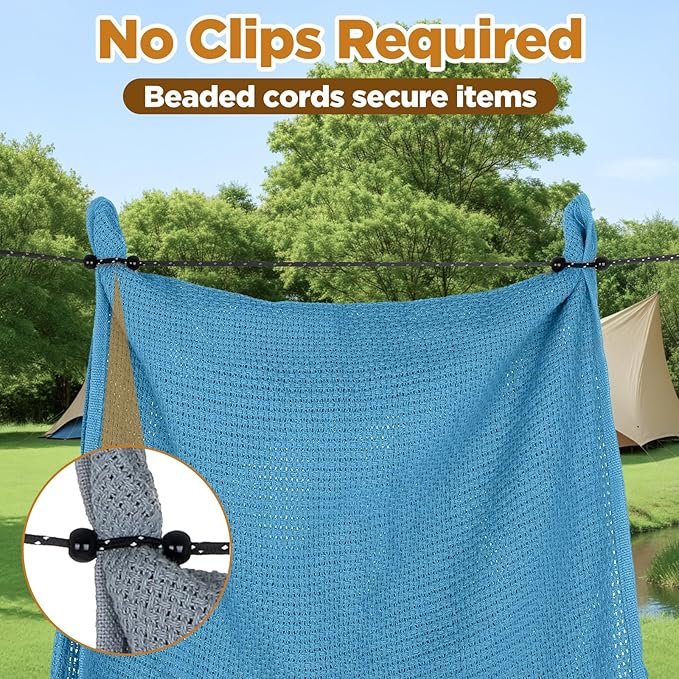 Camping Clothesline Compact Portable Travel Clothes Line Non-Scratch, Heavy Duty Buckle System with 24 Beads for Outdoor Camping, Cruise Ships, Indoor Backyard, Balcony(Dark Gray, 9.84Ft)