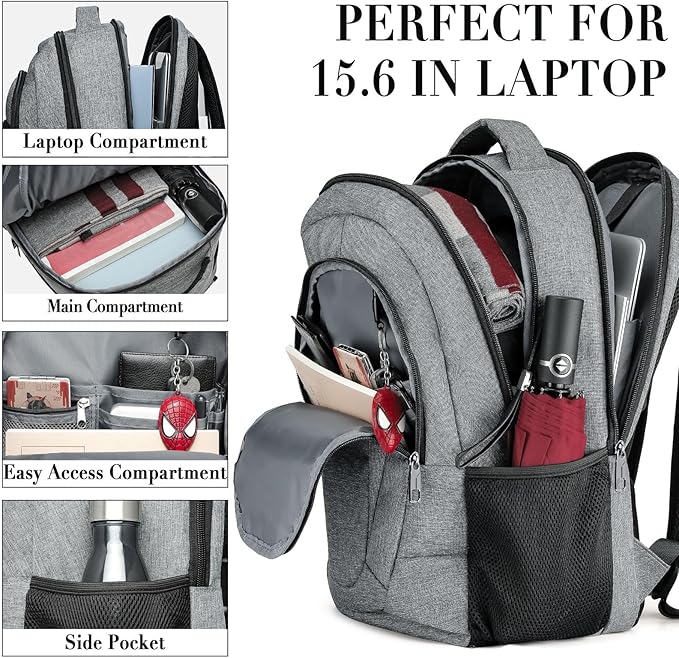 BIKROD Travel Laptop Backpack for Men and Women, Backpacks for School Teen Boys, Business Anti Theft Slim Sturdy Back Pack Adult Computer Bag Gift 15.6 IN Laptop, Grey