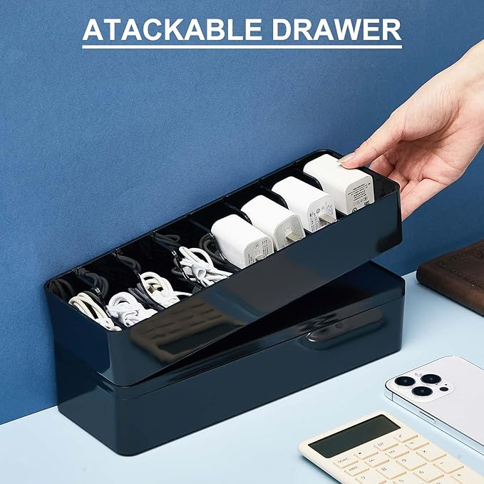 Tatuo 1 Pcs Cable Organizer Box with Wire Ties, Plastic Cord Storage Box with Lid, Electronics Organizer for Home Office Desk Organizers and Accessories (Black)
