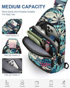 Capolo Sling Bag for Women Men Waterproof Crossbody Bags for Women Trendy Casual Fanny Pack with Convertible Shoulder Strap Chest Bag for Travel Hiking(Blue Leaves, Medium)