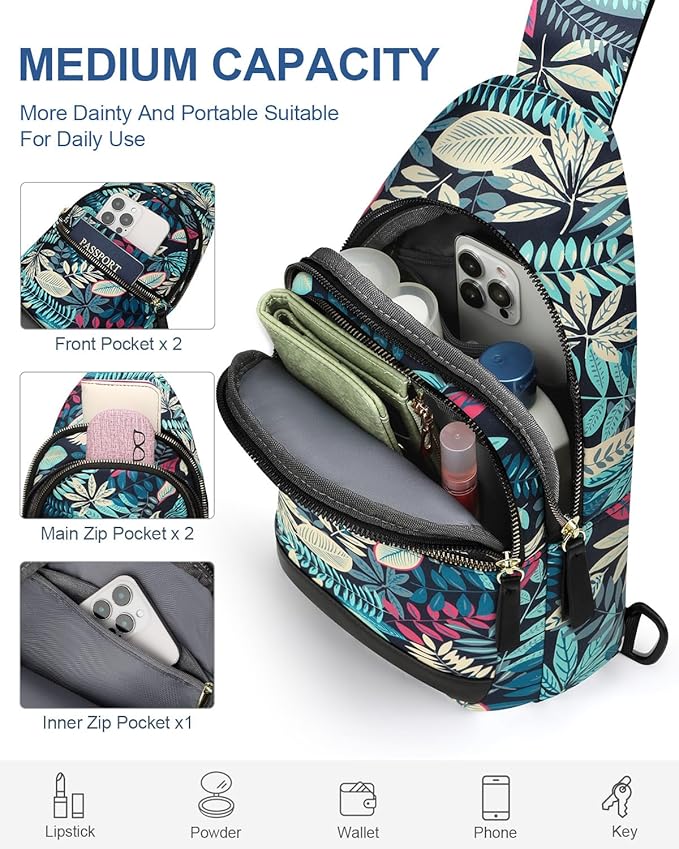 Capolo Sling Bag for Women Men Waterproof Crossbody Bags for Women Trendy Casual Fanny Pack with Convertible Shoulder Strap Chest Bag for Travel Hiking(Blue Leaves, Medium)
