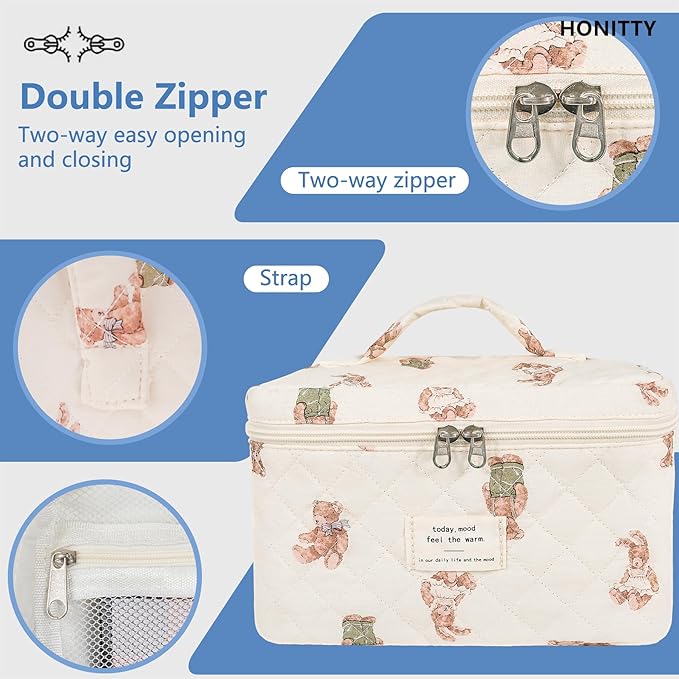 honitty Makeup Bag,Quilted Cosmetic Bag,Large Floral Make Up Bag for Women,Cotton Makeup Bag Set,Flower Travel Toiletry Bag