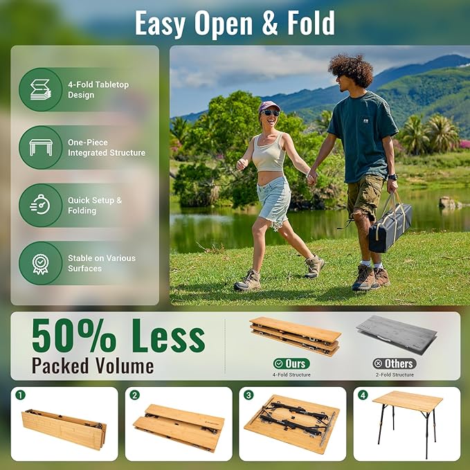 KingCamp Bamboo Folding Table, 4-Fold Camping Adjustable Height Portable Outdoor Lightweight & Compact Table with Aluminum Frame for RV Picnic BBQ Tailgating
