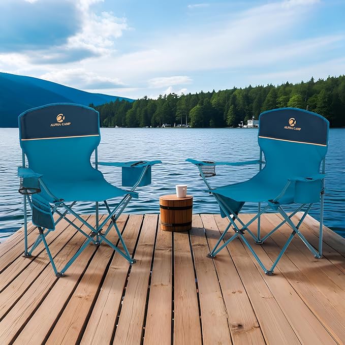 ALPHA CAMP Camping Chairs 250LBS Capacity, Heavy Duty Folding Chair with 4-Can Cooler Bag, Portable Outdoor Chair with Cup Holder for Adults, Collapsible for Tailgating, Beach, Fishing,Black,2PC