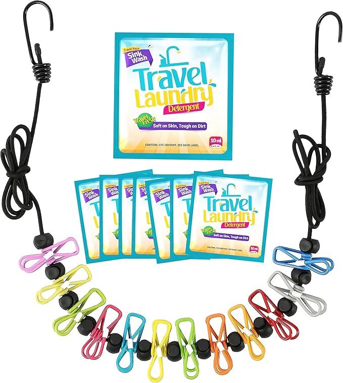 TidyFriend 8 Pack Sink Travel Laundry Detergent 10 ml + Clothes Line with 12 Clip, Portable Clothesline Kit, Travel Detergent Packets for Sink Washing, Must Haves Laundry Essentials