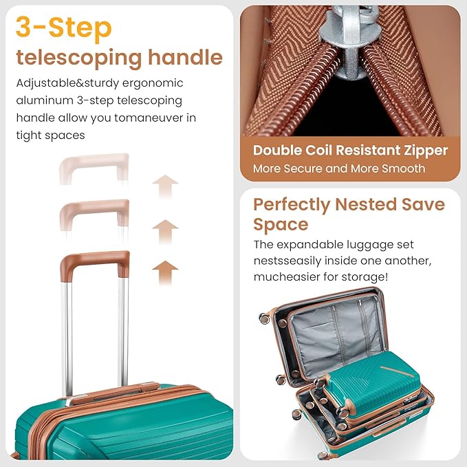 Hard Shell Luggage Sets 4 Piece with 360 Spinner Wheels,Lightweight Suitcase Set with TSA Lock,Travel Luggage Set with Telescoping Handle,Light and Strong,Easy to Clean (Coral+Green)