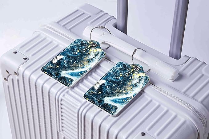 Luggage Tags for Suitcases, 2 Pack Cute PU Leather Suitcase Tag Identifiers TSA Approved with Stainless Steel Loop and Address Card for Baggage Tag for Travel Essentials Gold Foiled Marble, by Chelmon