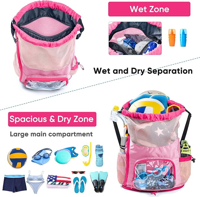 Mesh Drawstring Backpack with Shoe Compartment, Sandproof Beach Swim Bag with Wet Pocket, Pool Gym Shower Bag for Travel Summer Camp