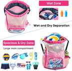 Mesh Drawstring Backpack with Shoe Compartment, Sandproof Beach Swim Bag with Wet Pocket, Pool Gym Shower Bag for Travel Summer Camp