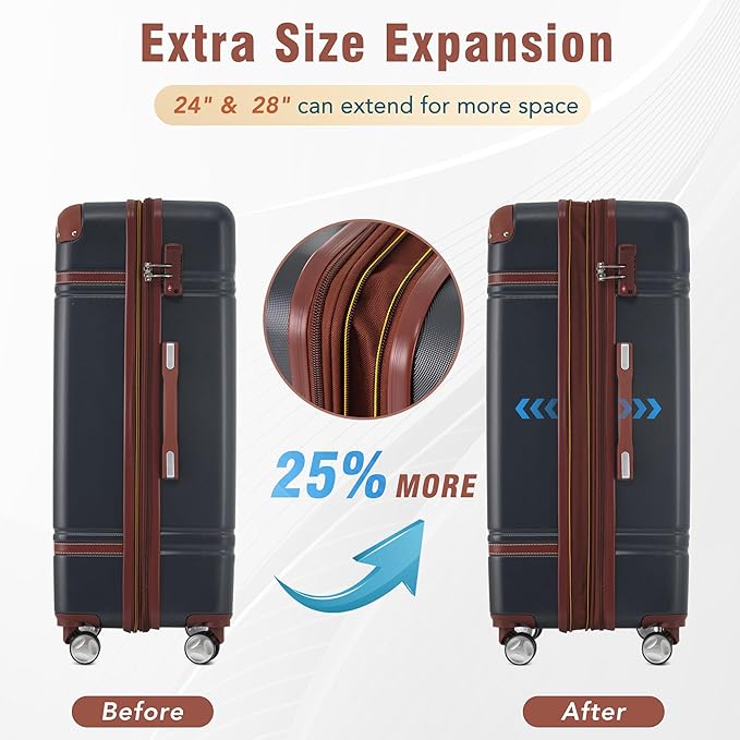 Luggage Sets, 2 Piece Carry on Luggage Set with Travel Bag, 2 Piece Expandable Spinner Hardshell Suitcase with TSA Lock, Back to School Suitcase, Women Men (Black, 20/24 inch+Cosmetic Case)