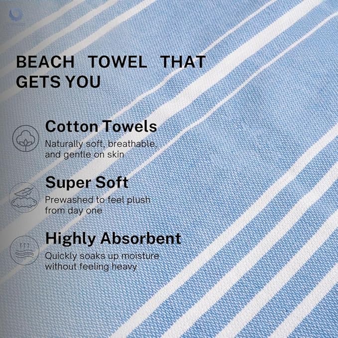 Cotton Turkish Beach Towel with Towels Oversized 36"x72" Pool Absorbent Extra Large Quick Dry Sand Travel Towel (Azure Bliss, 2 Pack)