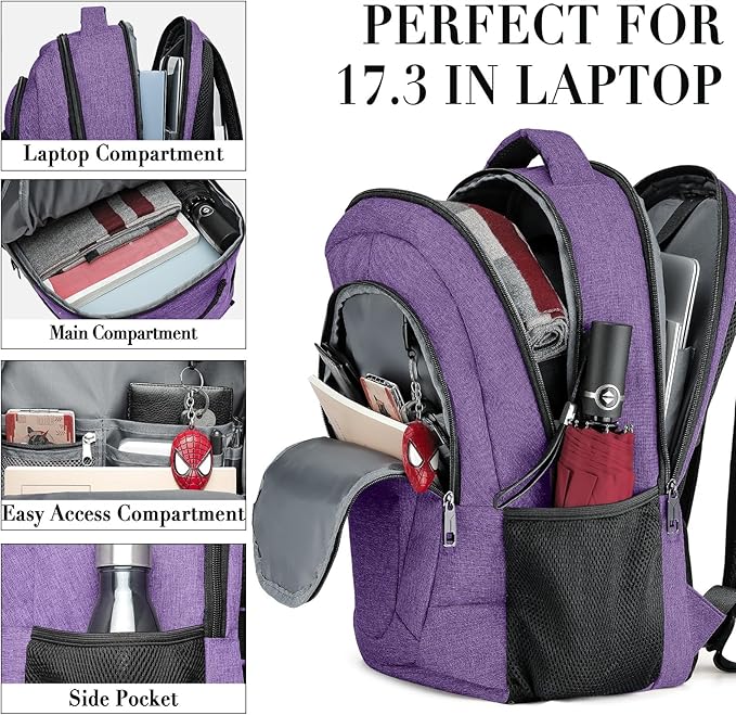 BIKROD Backpack for Women and Men, Extra Large School Backpacks for Teens, Water Resistant Back Pack Fits 17 Inch Laptop, Business Anti Theft Sturdy Computer Bag Gifts, Purple