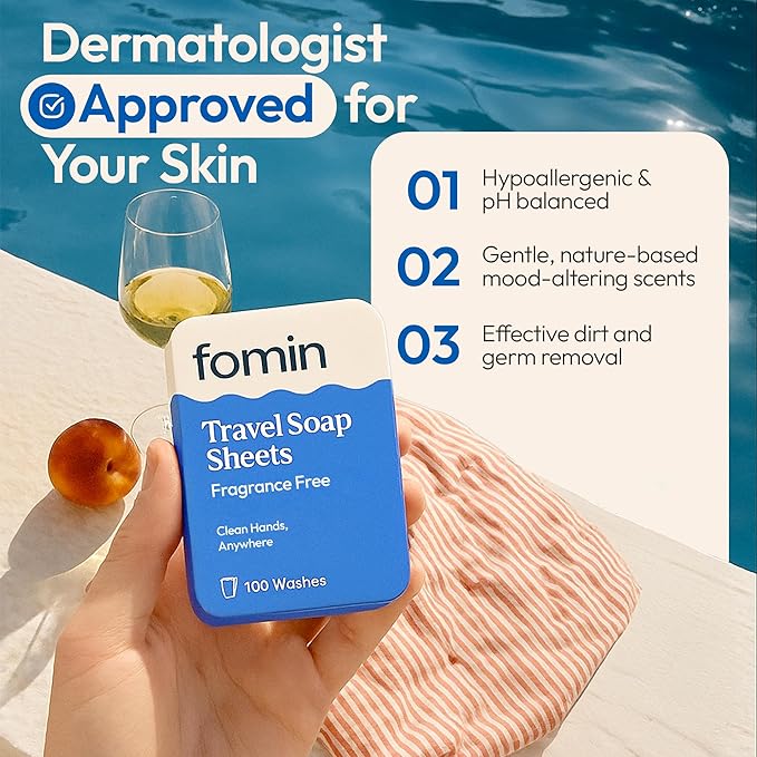 FOMIN - Antibacterial Paper Soap Sheets for Traveling - 100 Unscented Portable Hand Soap Sheets for Travel in Tin - Dissolvable Mini Portable Travel Soap Sheet for Hand Washing, Camping and Hiking