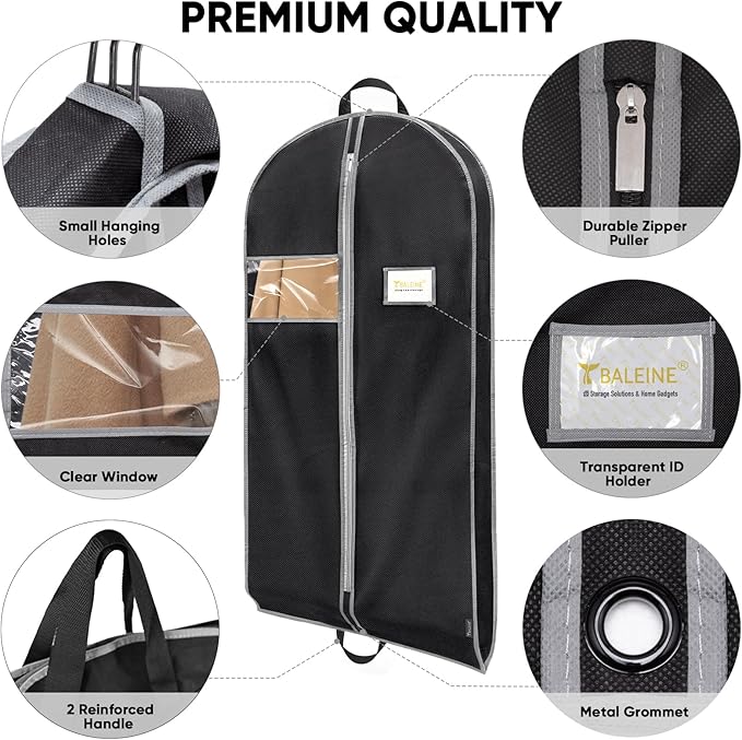 BALEINE 2PK Heavy Duty Garment Bag with Shoe Storage Travel Bag for Dresses, Suit, Coats Travel Essential (43", Black)