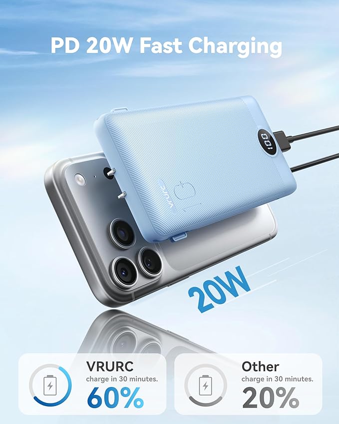 VRURC Portable Charger Power Bank - 10000mAh Fast Charging 22.5W USB Port Fast Charging Power Bank,4 Outputs Dual Inputs Slim Compact Rechargeable Battery Pack Travel Accessories-Blue(1 Pack)