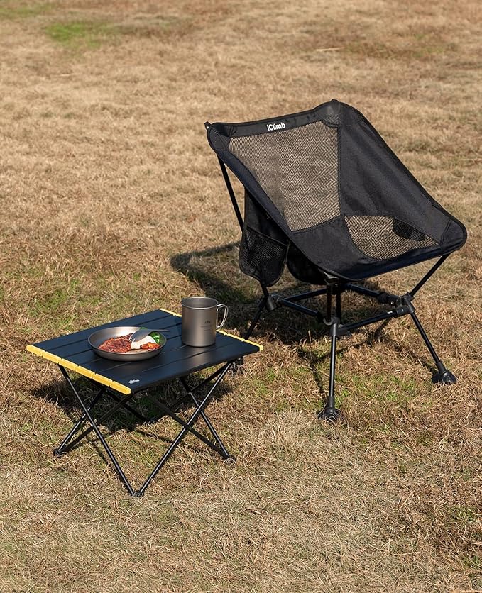 iClimb Ultralight Compact Camping Folding Beach Chair with Anti-Sinking Large Feet and Back Support Webbing (Black - Square Frame - 2PC)
