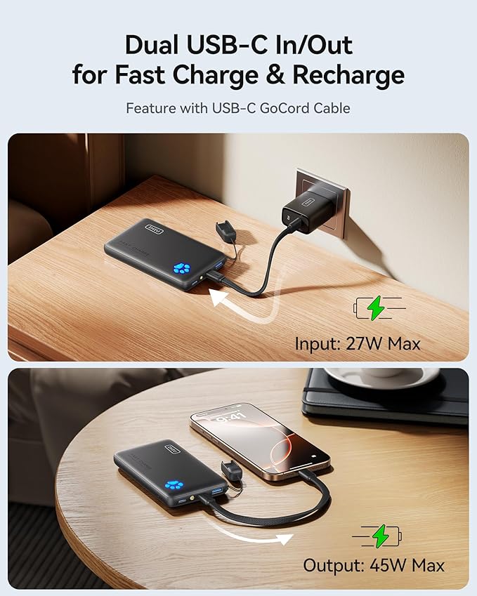 INIU 45W Power Bank, Slimmest 10000mAh Portable Charger with Build in USB-C Cable