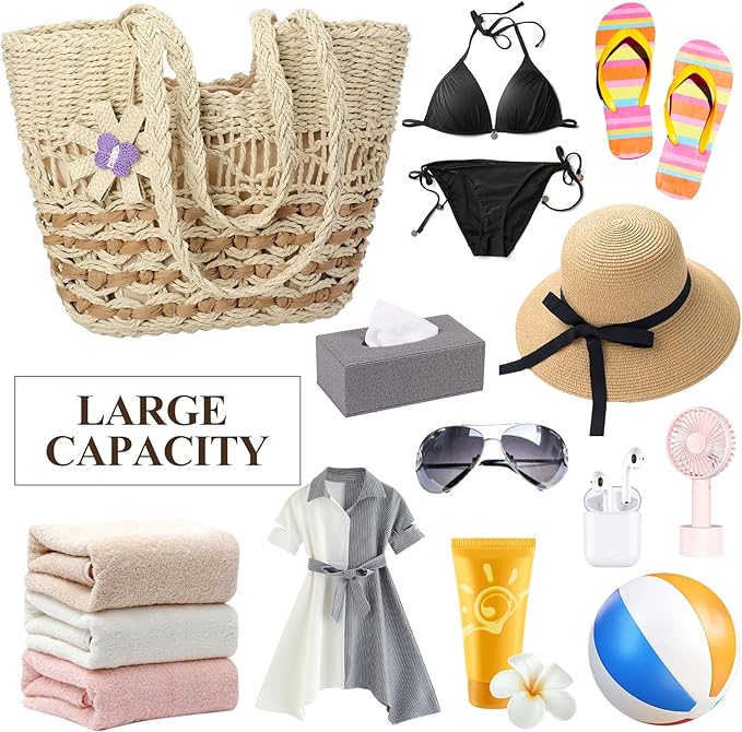 Trifabricy Beach Bags for Women, Summer Straw Bag, Woven Straw Beach Tote Bag Shoulder Handbags