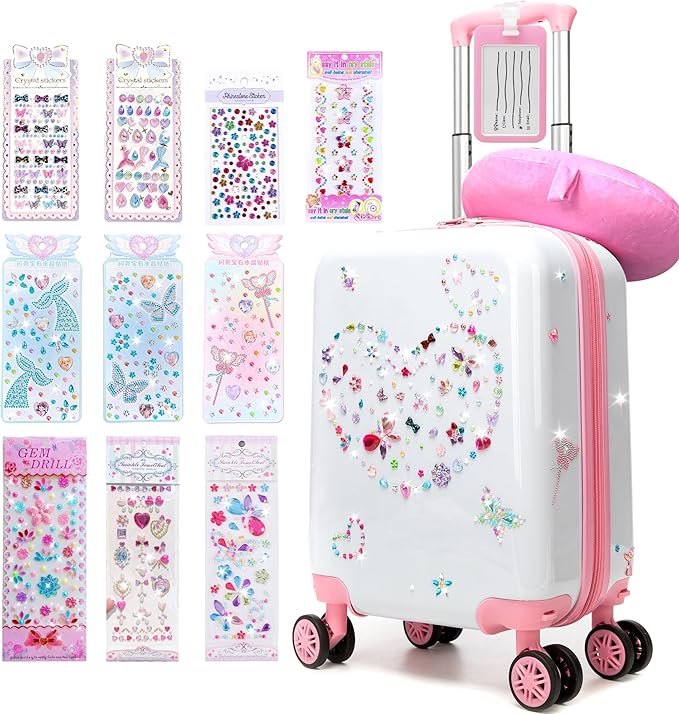 Kids Luggage Sets 2 Piece Pink Rolling Suitcases for Girls with Wheel Shardshell 16" Travel Suitcase with 10 Sheets Gem Stickers