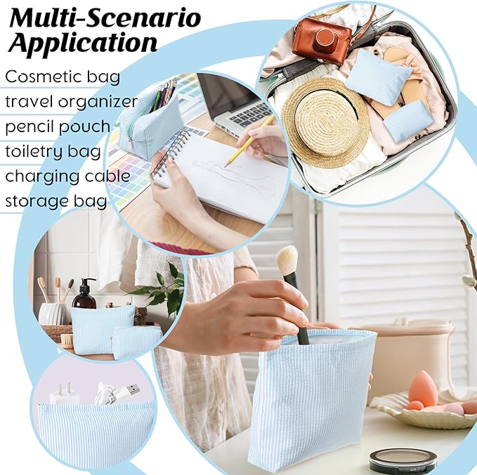 Huhumy 2 Pcs Makeup Bag Set Cute Cosmetic Pouch for Women Seersucker Travel Toiletry Bag Preppy Small Makeup Purse Pouch Aesthetic Skincare Brushes Storage Organizer for Valentine Women(Light Blue)