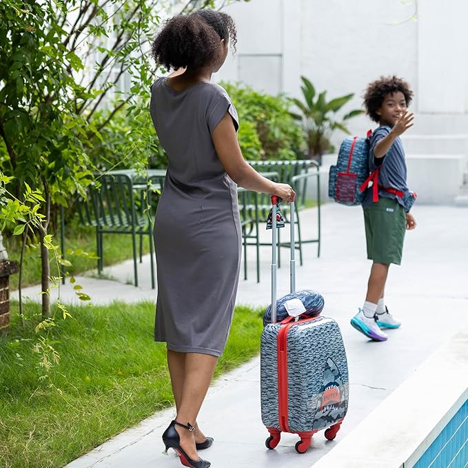 Nautica Kids Luggage - 18" Airline Approved Rolling Hardside Upright Carry-on Suitcase Set with Wheels (Shark Attack | 5pc Travel Set)