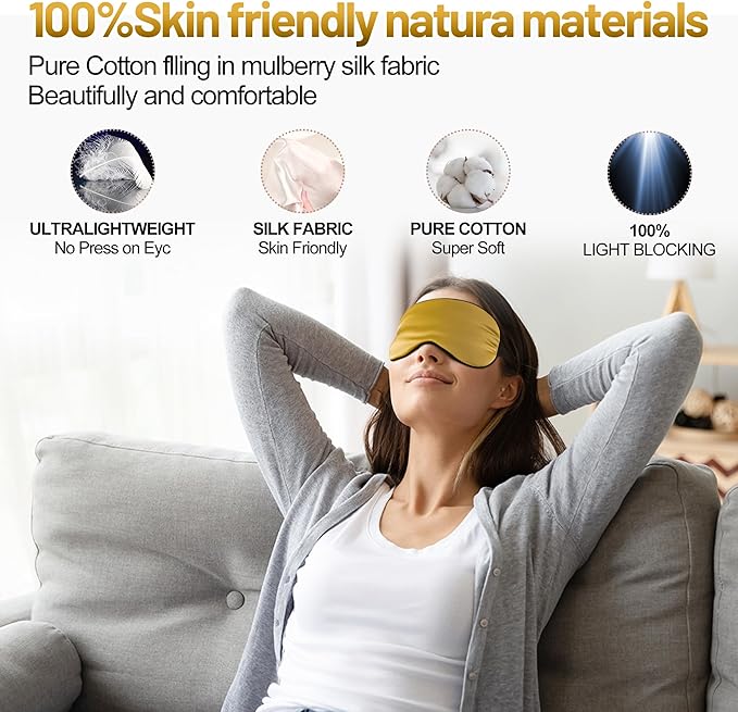 Sleep Mask, Silk Eye Mask for Sleeping with Adjustable Strap, Blindfold Eyeshade for Men & Women, Comfortable & Soft Eye Cover Eyeshade for Night Sleep (Gold)