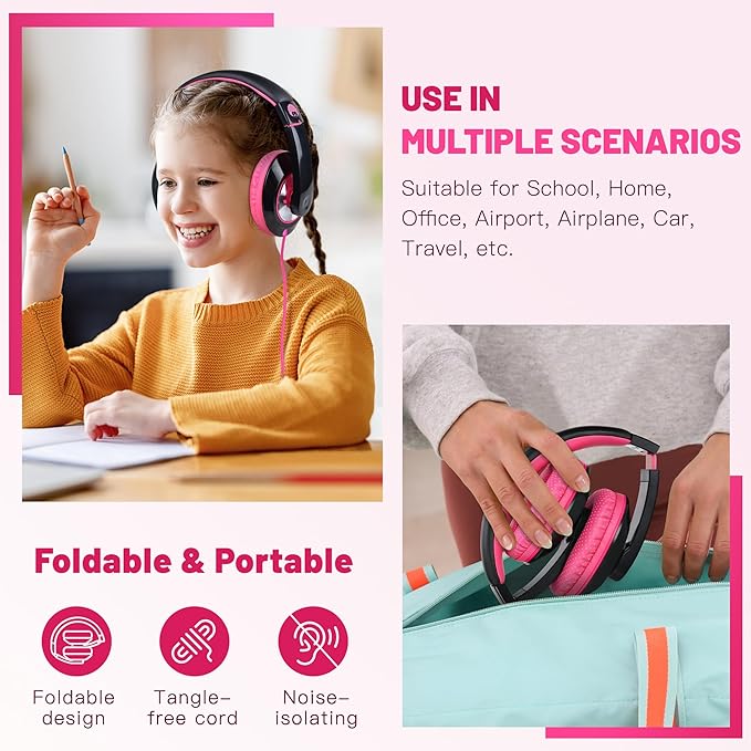 rockpapa Comfort Kids Headphones for School, Lightweight Foldable Portable Childs Boys Girls Teens Headphones Wired 3.5mm with 4.9ft Cord for Travel Airplane Tablet Phone Pad Laptop Black/Pink