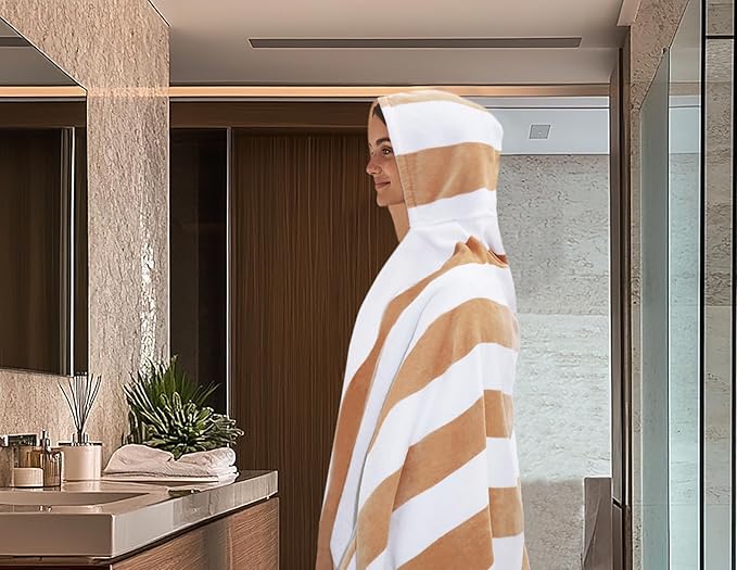 COTTON CRAFT Hooded Beach Towel – Oversized 35 x 70 Towel with Hood for Adults - 100% Cotton Velour Dobby Terry Towel - 450 GSM Pool Bath Wrap - Soft Absorbent Quick Dry – Cabana Stripe Linen
