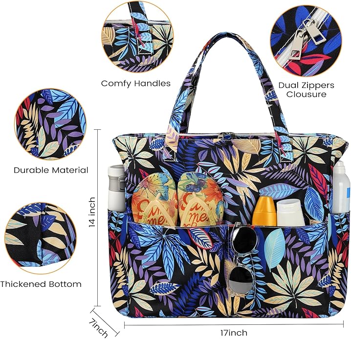 Trifabricy Beach Bags for Women Waterproof Sandproof Women Tote Bag, Large Beach Bag with Zipper for Gym Travel Vocation