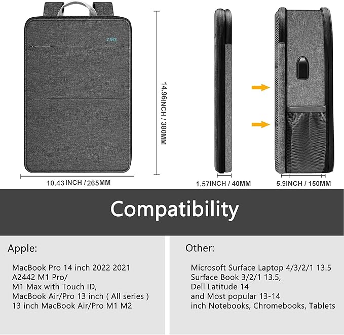 ZINZ Slim & Expandable Laptop Backpack Water Resistant Backpack Travel Backpack Compatible with MacBook Air/Pro/Neo 13-14 inch, XPS 13/14, Surface 13.5" and Most 13-14 Notebooks，G01BK01
