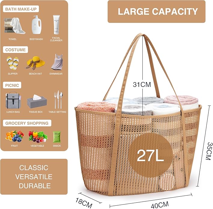 KALIDI Upgrade Version Beach Mesh Tote Bag MAX 27L Large capacity,Shoulder Bag Nylon Hobo Women Casual Foldable Beach Picnic