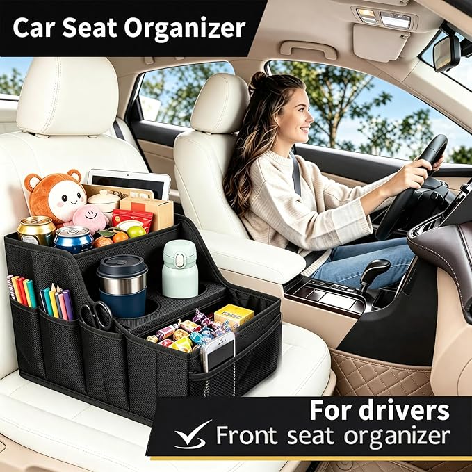 Car Seat Organizer Backseat and Passenger Seat Organizer with 9 Compartments 2 Cup Holders Car Organizer Front Seat Storage for Travel Kids，Black