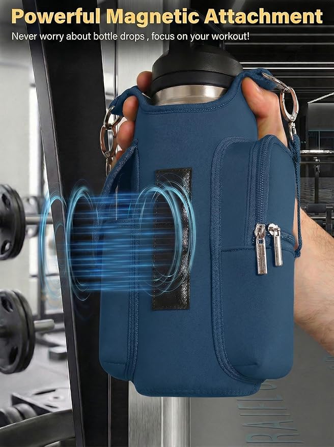 Magnetic Gym Tote Bag Holder for 18-40 oz Water Bottle,Neoprene Pouch with Phone Pocket,Men Women Workout Accessories