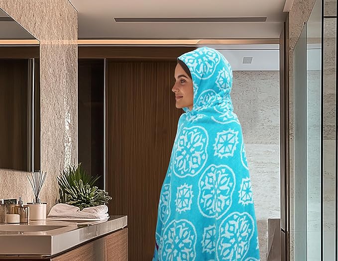 COTTON CRAFT Hooded Beach Towel – Oversized 39 x 68 Towel with Hood for Adults - 100% Cotton Velour Terry Jacquard Towel - Pool Bath Wrap - 450 GSM Soft Absorbent Quick Dry – Summer Trellis Pool Blue