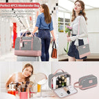 Wogarl 4PCS Weekender Bags for Women Large Overnight Weekend Travel Duffel Carry on Shoulder with Shoe Compartment Canvas Toiletry Bag for Travel Business Gym