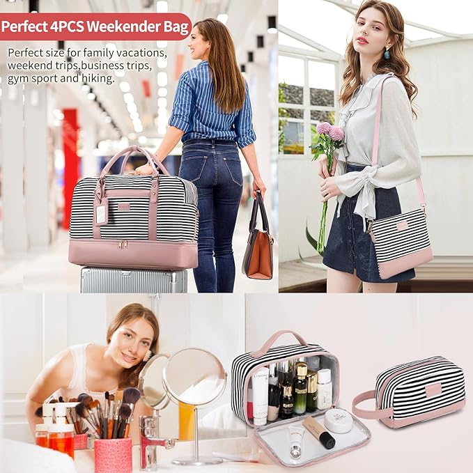 Wogarl 4PCS Weekender Bags for Women Large Overnight Weekend Travel Duffel Carry on Shoulder with Shoe Compartment Canvas Toiletry Bag for Travel Business Gym