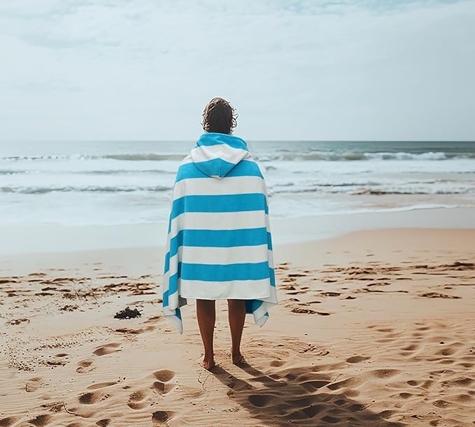 COTTON CRAFT Hooded Beach Towel – Oversized 35 x 70 Towel with Hood for Adults - 100% Cotton Velour Dobby Terry Towel - 450 GSM Pool Bath Wrap - Soft Absorbent Quick Dry – Cabana Stripe Aqua