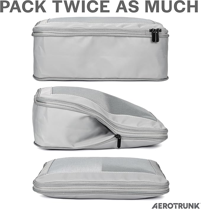 Aerotrunk Compression Packing Cubes for Travel - Luggage Organizer Bags - Double Zipper Packing Cubes for Suitcases (4-Pack, Light Grey)