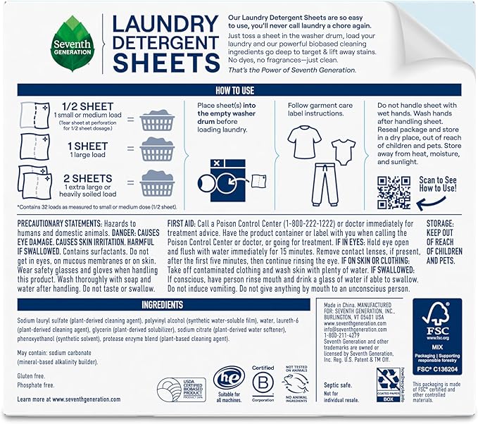Seventh Generation Laundry Detergent Sheets 32ct Free & Clear Removes Tough Stains Safer for your family (Pack of 8)