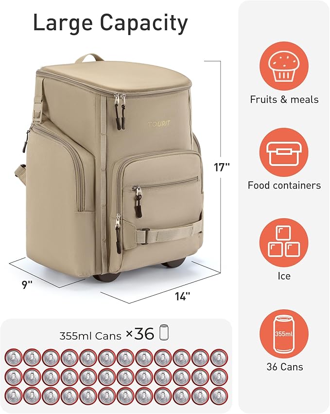 TOURIT Insulated Rolling Cooler Backpack, Leakproof Waterproof Beach Cooler Bag with Wheels and Handle, Outdoor Camping Picnic Travel